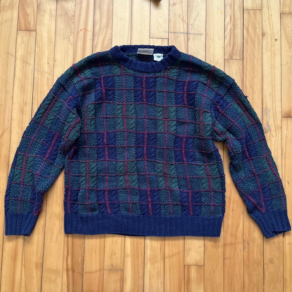 VTG Northern Reflections Plaid Knit Sweater Men's Medium Blue Green Cable Knit